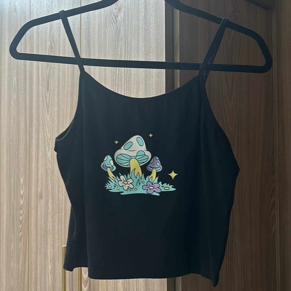 Romwe black tank with mushroom design